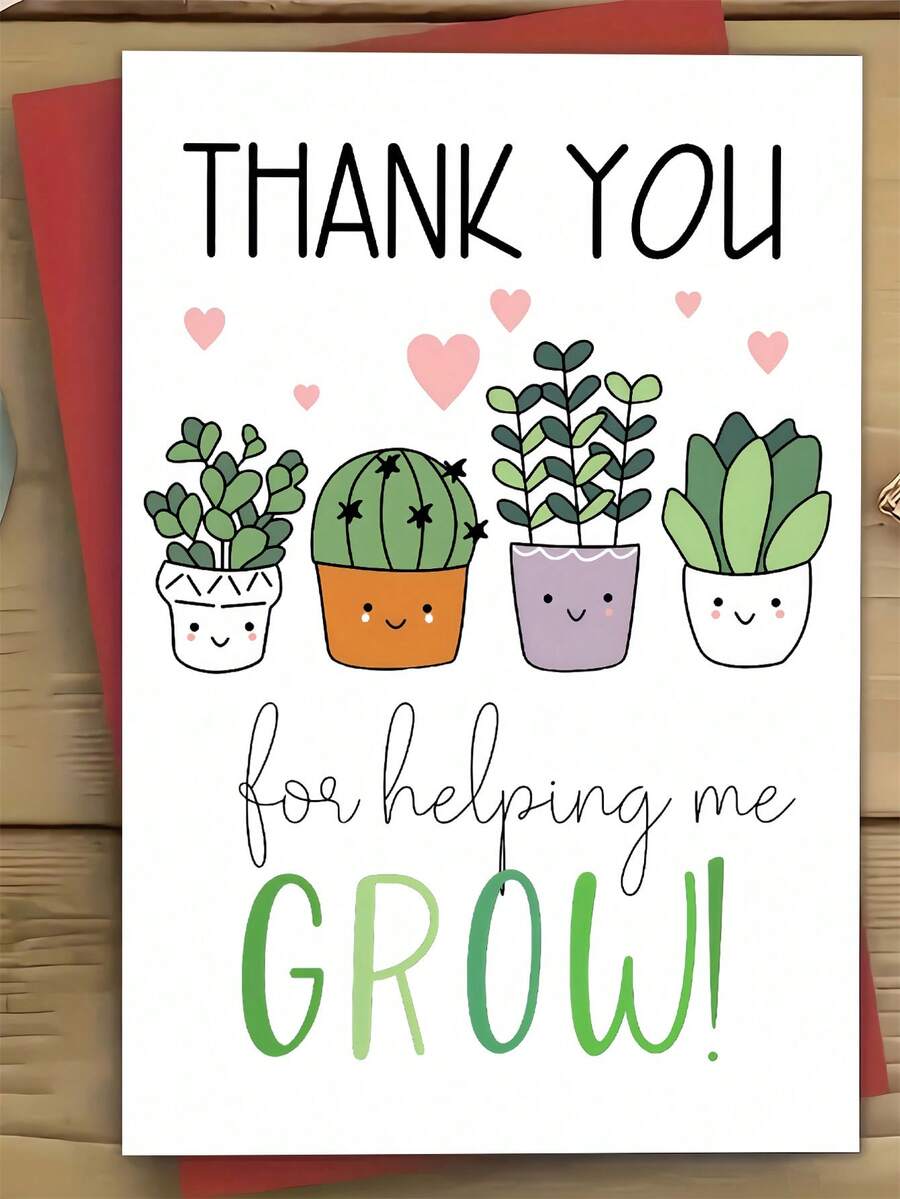 Teacher Appreciation Greeting Card With Envelope - Cute Plant Illustrations, Premium Paper Material - Expressive Thank You For Helping Me Grow Card Gift For Educators, Mentors, And Tutors