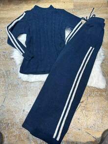 Women's Mousse Knit Set, Blouse And Pants, Inveno - 霧霾藍 - 查看 3