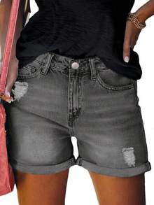 Casual Street Style Women Loose Denim Wide Leg Shorts, Fashion For Summer - Dark Grey - View 5