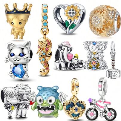 Cuentas y colgantes populares con diseño de crisantemo y animal de plata de ley 925 chapados en oro, adecuado para pulseras DIY originales, un regalo de cumpleaños elegante y de moda para mujeres