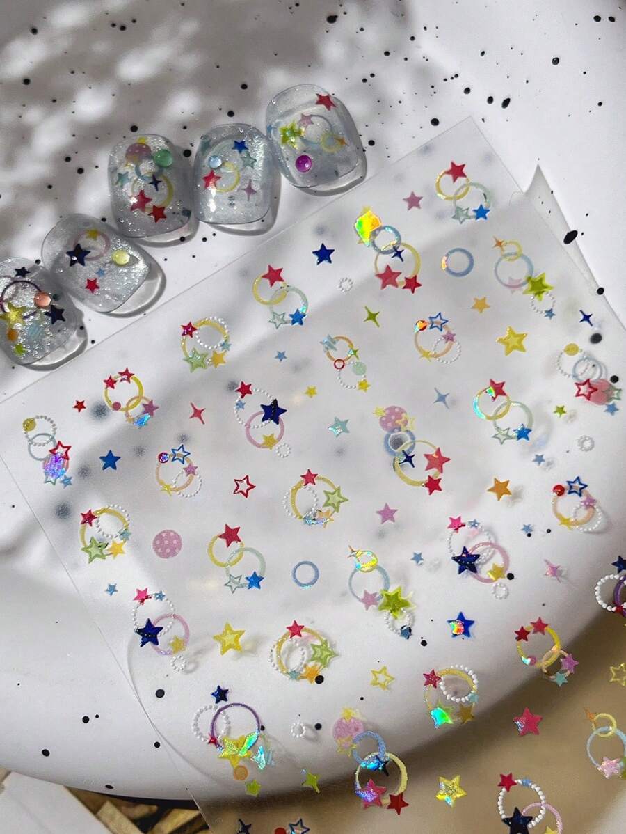 星形圆环美甲贴纸，1 件彩色多巴胺简约风格 5D 浮雕贝壳灯自粘 DIY 指甲贴纸和贴花 - 美甲用品和指甲饰品美甲工具，适合女孩和女士 - 万圣节夏季美甲，适合美甲家居沙龙