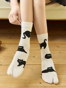 1/2/4/6 双女士花朵和猫咪印花分趾袜，多种颜色可选，秋季袜子