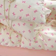 1 Set de 4 piezas de juego de ropa de cama blanco y rosa con moños, de tela suave, estilo femenino, adecuado para dormitorio, dormitorio universitario, todo el año (1 Edredón + 1 Sábana + 2 Fundas de Almohada), Fundas de Almohada con Corte de Patrón Aleatorio, Edredón no Incluido
