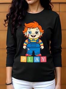 T-shirt de  con diseño de muñeco de juego PLAY algodón 180g cuello redondo manga corta ideal para verano estilo casual moda trending impresión divertida camiseta perfecta para fans ropa juvenil cómoda - Negro - Ver 1