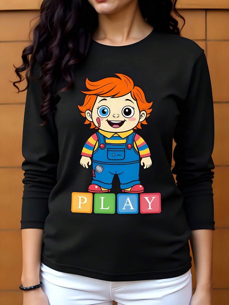 T-shirt de con diseño de muñeco de juego PLAY algodón 180g cuello redondo manga corta ideal para verano estilo casual moda trending impresión divertida camiseta perfecta para fans ropa juvenil cómoda - Negro - Ver 1
