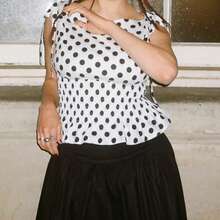 Womens Dots Print Tank Tops Sleeveless Tie Shoulder Boat Neck Smocked Tops Summer Shirts - White - View 2