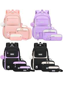 3pcs/Set - Large Capacity Girl's Backpack. Student Bag With Lunch Box Bag And Pencil Case. Simple 15.6-Inch School Laptop Backpack. Outdoor Travel Bag With Plush Ball Pendant. Back-To-School Essential. Suitable For School And Travel