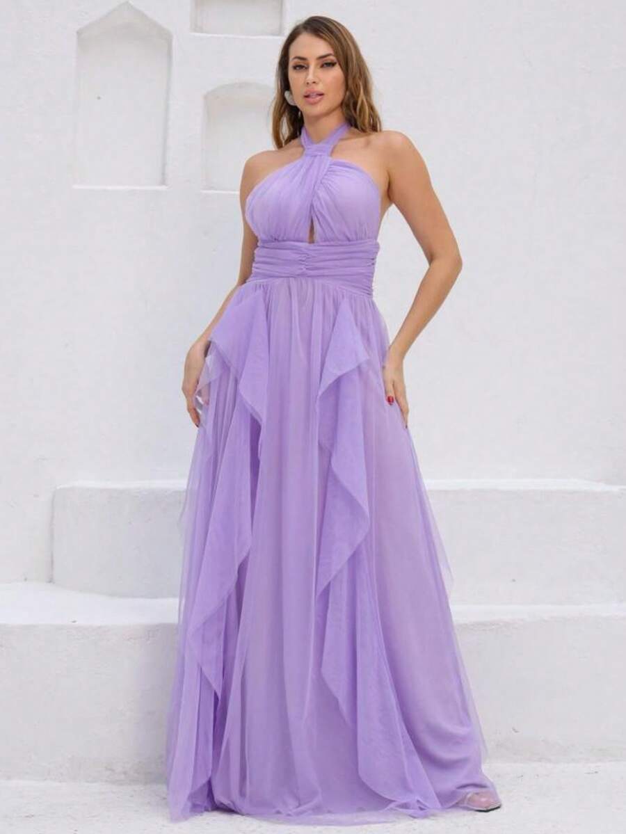 Long Party Dress For Wedding, Bridesmaid, Graduation In Plain Tulle With Cascade Skirt - 紫丁香色 - 查看 1