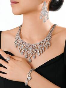 4件套奢华蓝色锆石首饰套装，项链，耳环，戒指，手链，新娘礼服，婚礼，迪拜，中东阿拉伯晚礼服 - 銀色 - 查看 11