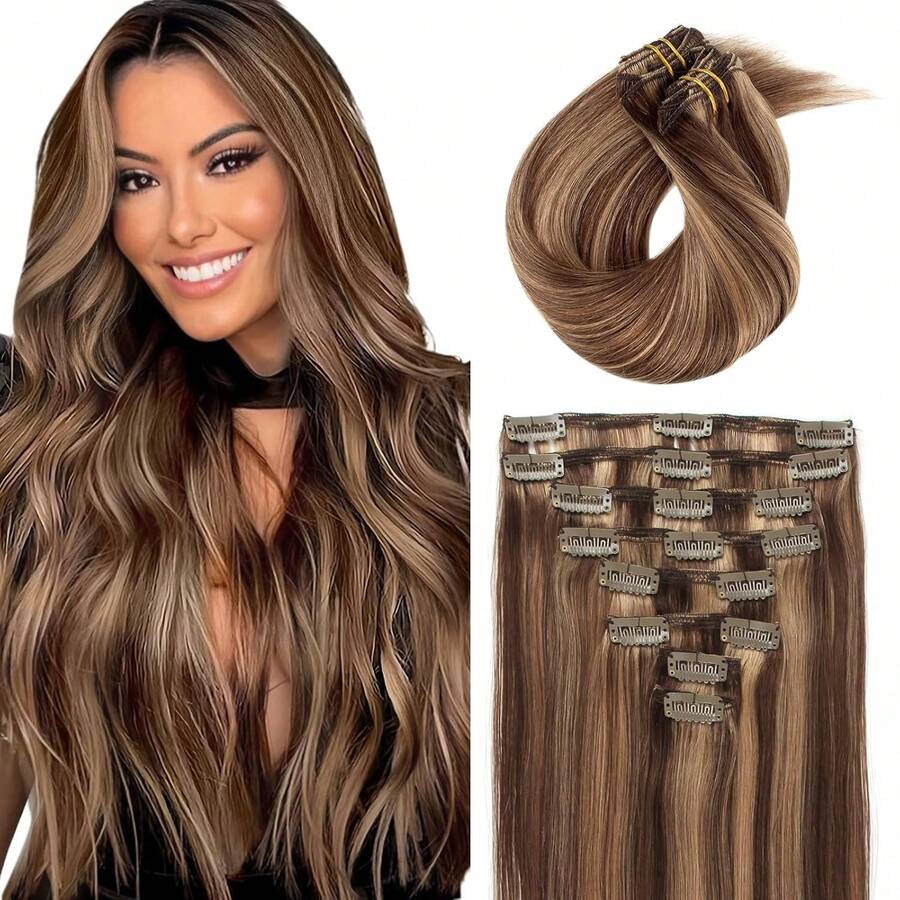 8pcs Straight Clip In Hair Extensions Human Hair Per Set With 18Clips Double Weft Brazilian Virgin Human Hair Natural Black Color For Women (22 Inch, Straight Hair) - Màu dương cầm - Xem 1