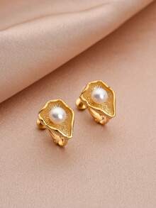 1 Pair 18K Gold Plated Natural Pearl Flower Design Hoop Earrings For Women, Mother's Day, Valentine's Day, Birthday, Bridal Gift - Yellow Gold - View 1