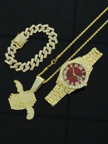 1 Set de joyería para hombre con colgante con signo de dólar con alas todo cubierto de rhinestone, reloj, pulsera, conjunto de joyería de lujo y glamoroso, accesorio de moda brillante