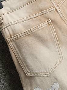 Teens' Fashion Distressed Denim Jeans With Double Embroidery Star Design - Khaki - View 6