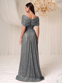 Women's Shiny Elegant V-Neck Ruched Dress For Prom/Formal Events - Grey - View 2