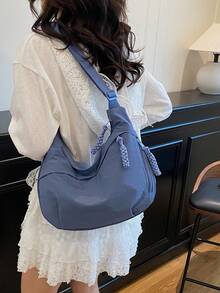 时尚纯色尼龙防水单肩包，休闲简约学院风宽肩带斜挎包，带多个拉链隔层，适合学生通勤购物