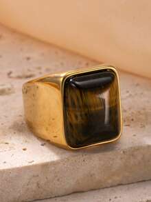 1 件复古不锈钢铸虎眼石几何方形心形泪珠戒指，经典单环设计，适合情侣，珠宝礼物 - 金黃色 - 查看 15