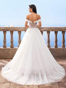 HEARBOBO 优雅别致露肩圣诞白色蕾丝贴花长款网纱A字婚纱新娘礼服 - 杏色 - 查看 4