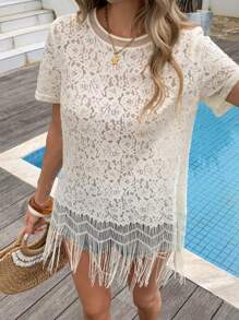 1 peça blusa de renda transparente com borlas e patchwork de cor sólida, adequada para uso diário, festa de aniversário, viagens, verão