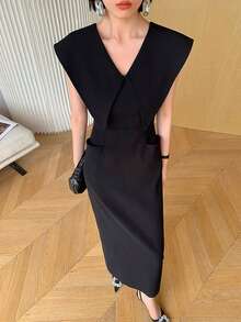 优雅无袖立领黑色连衣裙，适合通勤 - 黑色 - 查看 4