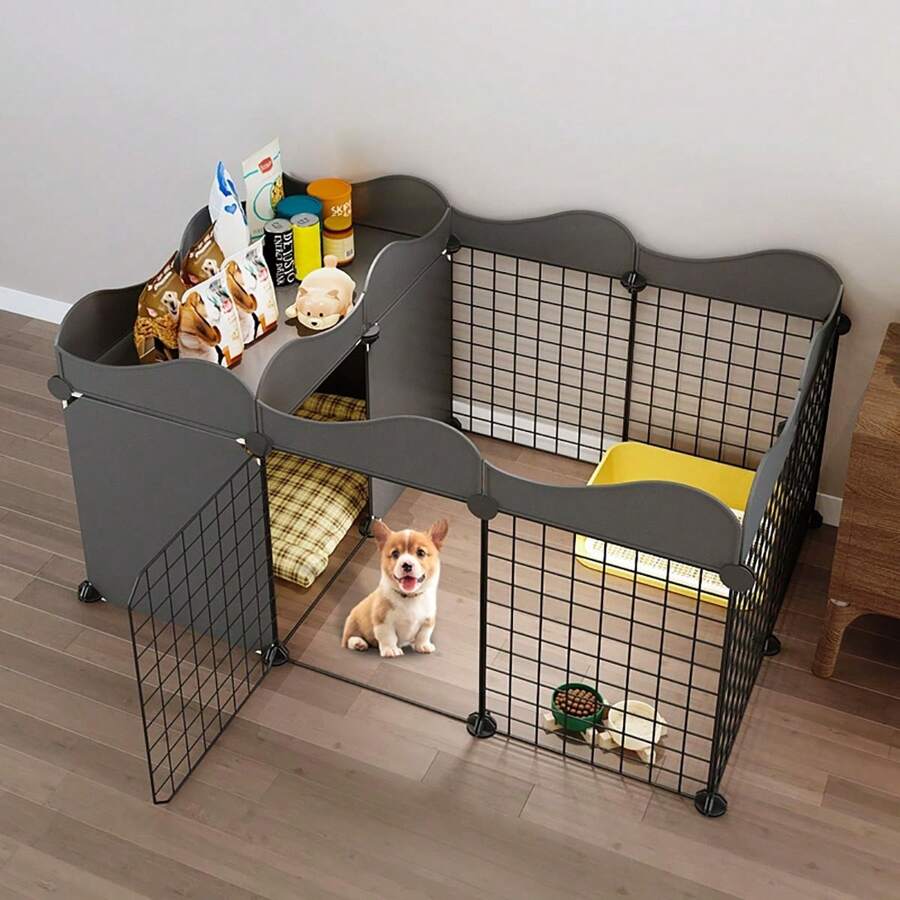 Indoor Small Dog Fence With Toilet Area, Pet Gate For Home, Escape-Proof Dog Playpen Crate