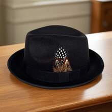 Men Fedora Hat With Feathers Short Brim Top Hat Elegant Jazz Hat For Daily Stages Costume Accessories - 黑色 - 查看 5