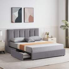 VECELO Double Bed Frame With 4 Storage Drawers, Upholstered Platform With Adjustable Velvet Headboard, Solid Wood Slat Support, No Box Spring Needed, Easy Assembly, Dark Grey - Dark Grey - View 5