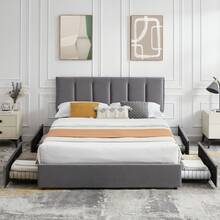 VECELO Double Bed Frame With 4 Storage Drawers, Upholstered Platform With Adjustable Velvet Headboard, Solid Wood Slat Support, No Box Spring Needed, Easy Assembly, Dark Grey - Dark Grey - View 6
