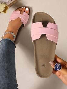 Thick Sole Spring And Summer New Fashion Brand Thick Sole Rice Straw Slippers Women, Casual Sandals Roman Style Slip-On Sandals Women Summer Slouchy Comfortable Black - Baby Pink - View 1
