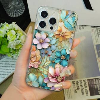 IPC 3D Floral Emboss Painted Transparent Soft Phone Case, Artistic Hand-Drawn Style, Compatible With Apple Series