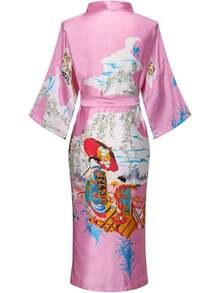 DandyChic Women's Long Floral Satin Robes Imitation Silk Sleepwear Bridal Dressing Gown For Bridesmaid Nightgownhalloween - 粉色 - 查看 3