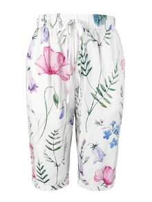 Jisfaneya Solid Color Non-Placement Floral Print Elastic Waist Pocket Casual Pants, Stretchy Fabric, Floral Print, Spring/Summer Versatile Capri Pants Pink - Pink - View 4
