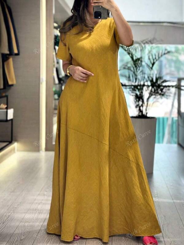 Plus Size Women's Summer Wrinkle Texture Sense Round Collar Casual Literary Style Loose Dress