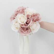 Ramo de novia artificial, ramo de dama de honor de rosas falsas hecho a mano, decoración central para la recepción de boda