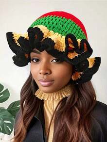 1pc Women's Y2K Style Handmade Crochet Ruffle Edge Knitted Hat,Hollow Knit Bucket Hat, Suitable For Daily Wear, Photography, Party, Picnic, Outdoor - Color Bars - View 1