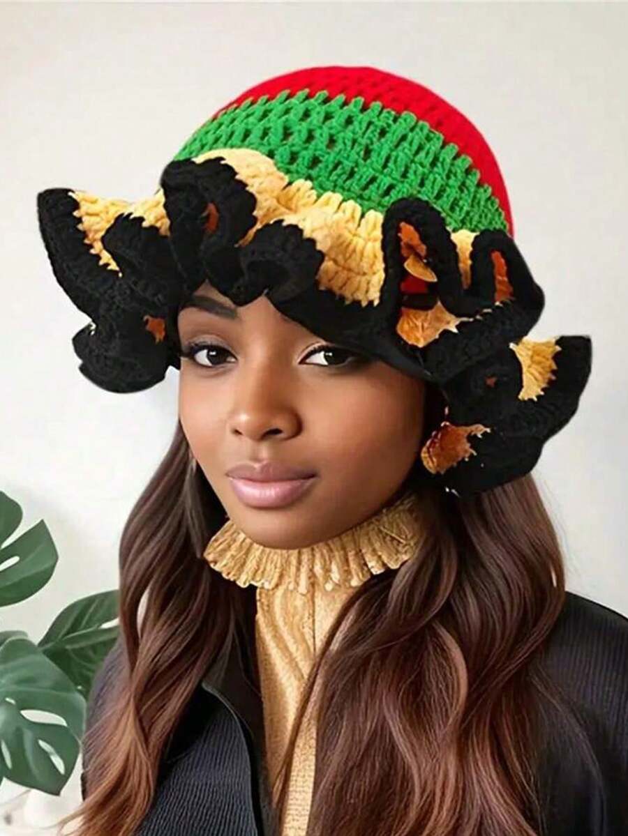1pc Women's Y2K Style Handmade Crochet Ruffle Edge Knitted Hat,Hollow Knit Bucket Hat, Suitable For Daily Wear, Photography, Party, Picnic, Outdoor - Color Bars - View 1