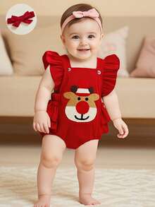 Baby Girl Christmas Outfit, Fly Sleeve Embroidery Elk Romper Overalls With Hairband For Casual Daily