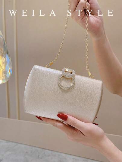 Rose Gold Rhinestone Square Clutch Bag, Luxury Crystal Women's Evening Bag For Banquet, Wedding, Party, High-End Fashion Handbag, Elegant Evening Dress Purse, Envelope Clutch, Box Clutch, Shoulder Messenger Bag, Formal Event Accessories