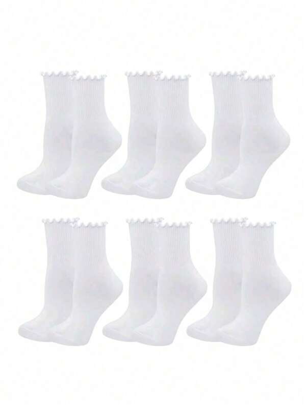 6 Pairs Women Frilled Mid-Calf Socks, Versatile Ruffle Hem Socks, Suitable For Spring/Autumn And Winter