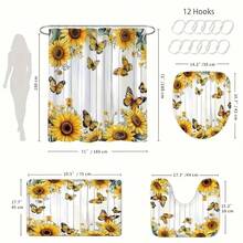 1 套/4 件向日葵和蝴蝶图案浴室套装，包括可洗涤纶窗帘（带白色木质背景装饰）、防水浴帘（带 12 个挂钩）、防滑浴垫、U 型马桶盖垫