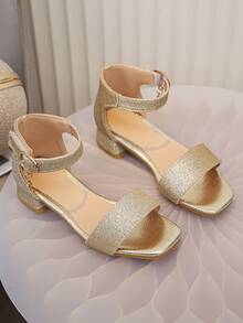 女童时尚露趾高跟凉鞋，金色 - 金色 - 查看 3