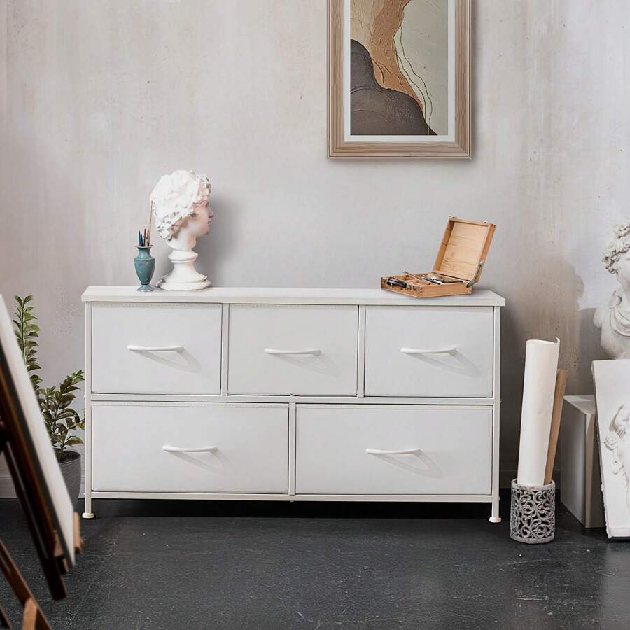 Sweetcrispy Sweetcrispy 5 Dresser Chest Bedroom, Metal Frame And Wood Top For TV Stand Up To 45 Inch With Fabric Storage Drawer Units For Living Room