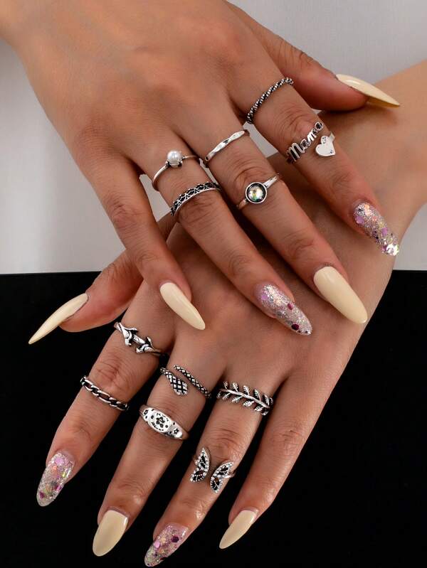 12pcs Retro Minimalist Fashion Personalized Ring Set, Suitable For Women Date Party Wedding Vacation Everyday Outfit Matching