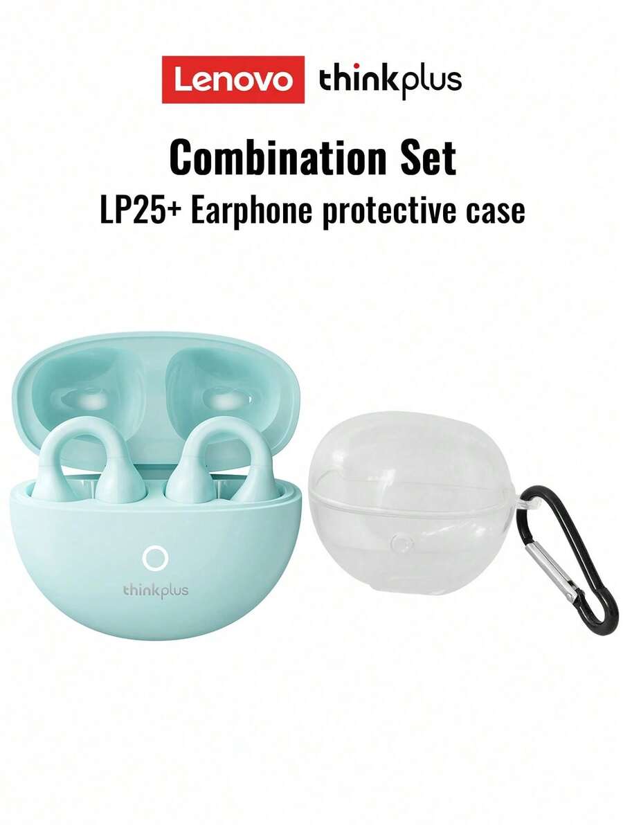 Lenovo 联想 LP25 蓝牙耳机带透明保护壳，耳挂式运动耳塞，蓝牙 5.4，ENC 通话降噪，长效电池寿命，智能触控，开放式无线耳机兼容 Apple 和 Android 平板电脑