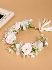 1pc Girls Pastoral-Style Artificial Flower Wreath With Roses, Hydrangeas, Crabapple Flowers, Elegant Hair Accessory Flower Crown Suitable For Beach Photos, Adjustable Size - Multicolor - View 5