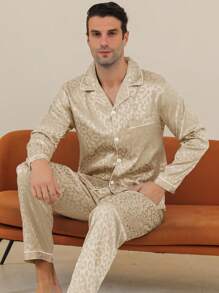 男士缎面睡衣套装，长裤，真丝纽扣式长袖上衣和裤子，春秋季提花豹纹印花，舒适柔软两件套家居服，秋冬服装 - 香檳色 - 查看 4