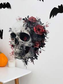 1 件万圣节搞笑骷髅和花朵墙贴，恐怖骷髅浪漫背景墙装饰可移除海报，适用于卧室、客厅、走廊、入口、厨房、浴室、节日家居装饰万圣节装饰秋季装饰房间装饰秋季装饰