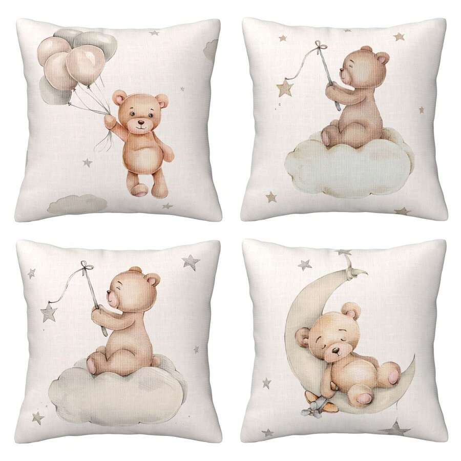 4pcs Cute Bear Print Pillow Covers - Square Cushion Covers For Decor In Living Room, Bedroom, Sofa, Car And Outdoor, Lovely Home Decoration - Decorative Pillow Covers With Zipper, Single-Sided Printing, Machine Washable (Inner Pillow Not Included) - Multicolor - View 1