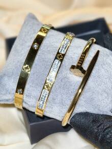 4pcs Luxury Stainless Steel Rhinestone Clover & Star Bangle Bracelet Set, Vintage Elegant Jewelry Suit For Women, Suitable For Daily Wear, Gift, Party, Fashionable Christmas Present - Gold - View 1