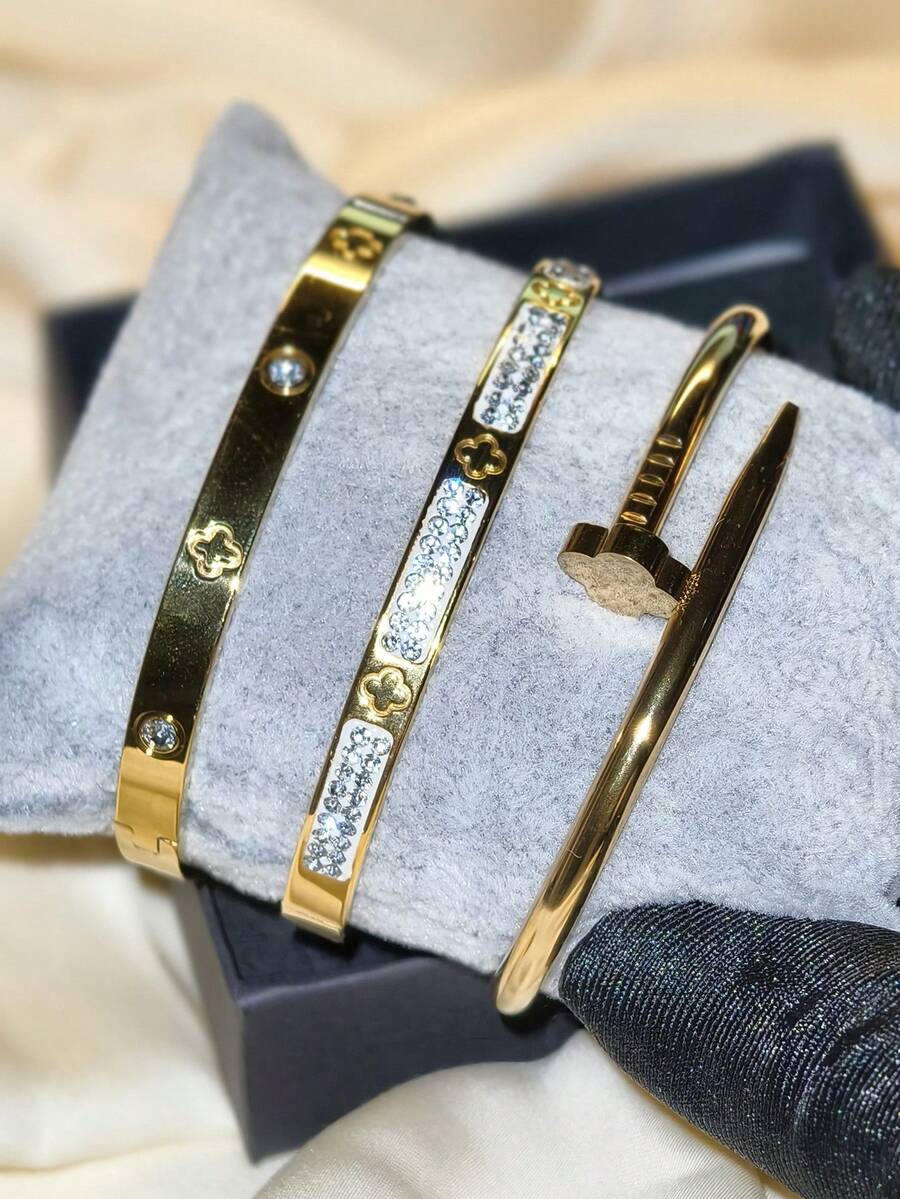 4pcs Luxury Stainless Steel Rhinestone Clover & Star Bangle Bracelet Set, Vintage Elegant Jewelry Suit For Women, Suitable For Daily Wear, Gift, Party, Fashionable Christmas Present - Gold - View 1