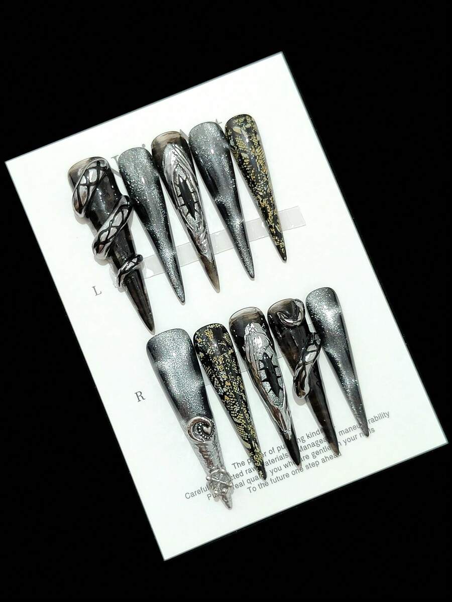 Handmade Wearable Nail Stickers, Press-On Fake Nails, Prehistoric Python Pattern, Cat Eye Effect, Snake Skin Pattern, Devil's Eye Pattern, Extra Long, Customizable, High-End Quality, Reusable. Nail Art Supplies - Multicolor - View 1